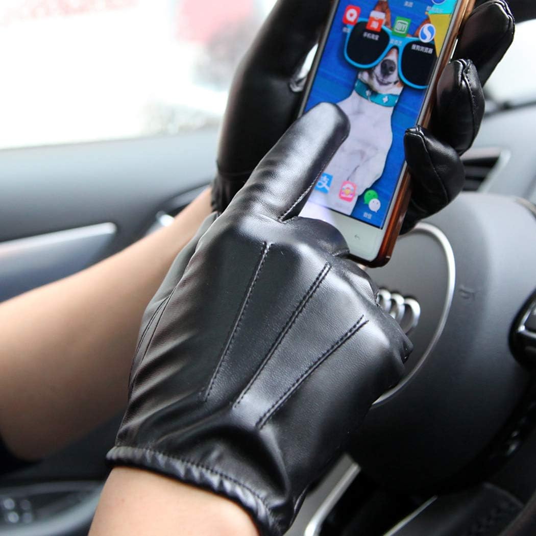 Men Leather Touchscreen Gloves Winter Driving Warm Wrist Gloves